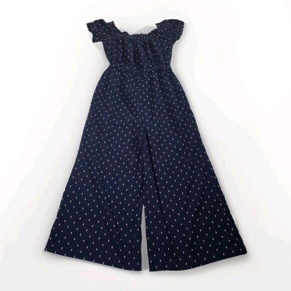 Anthropologie Romper Womens S Navy Geo Pattern Wide Leg Square Neck Ruffle Boho - Picture 15 of 16